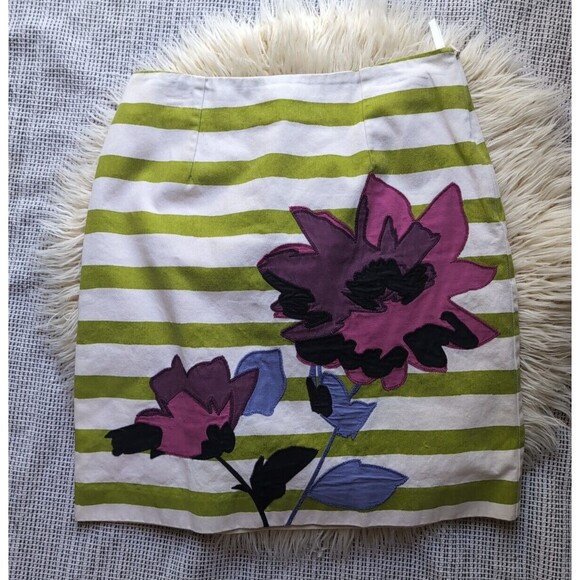 Boden Women's 4R Green White Floral Applique Striped Skirt Above Knee Cotton - Picture 2 of 10